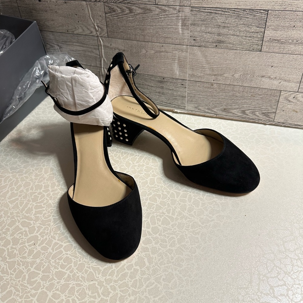 Ann Taylor Black Suede Heels with Ankle Strap